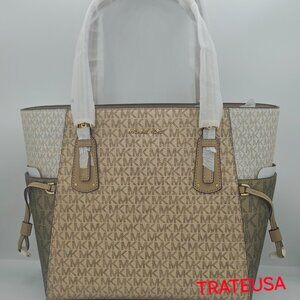 COPY - Michael Kors Metallic Signature Logo Voyager East West Tote Bag Camel $2…